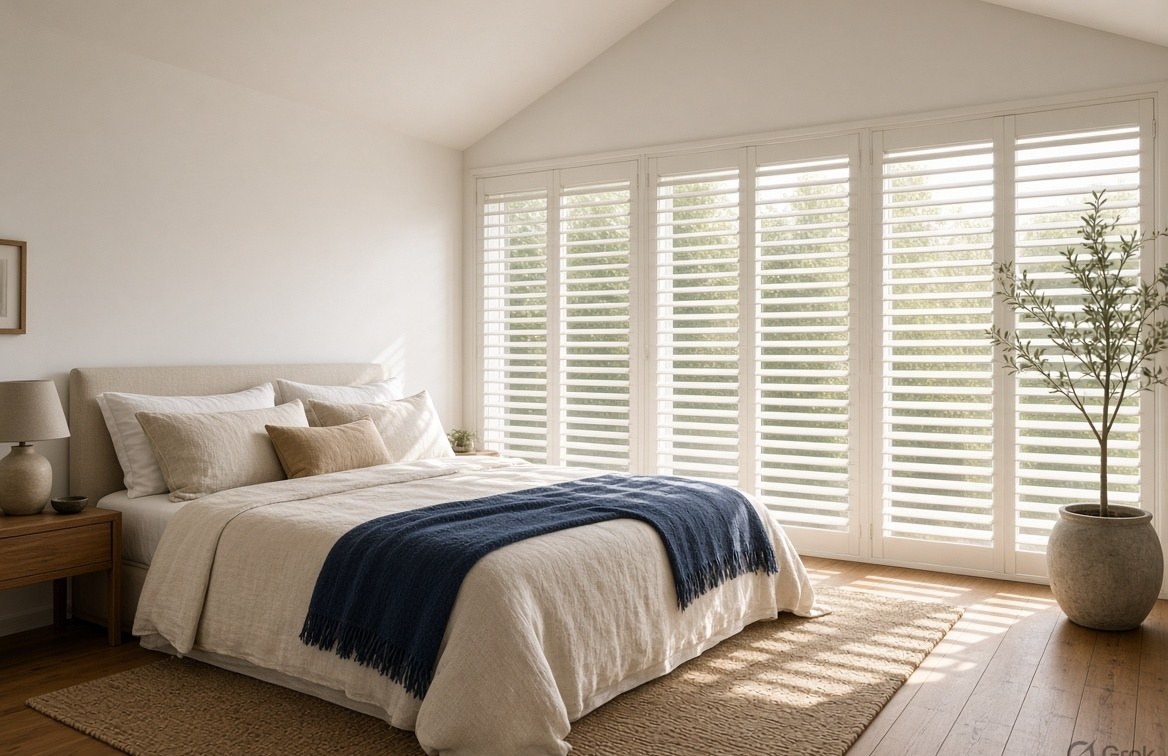 Bedroom with full-height plantation shutters