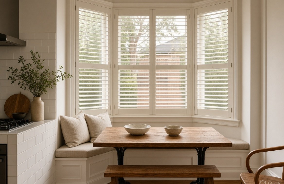 Kitchen bay window with plantation shutters